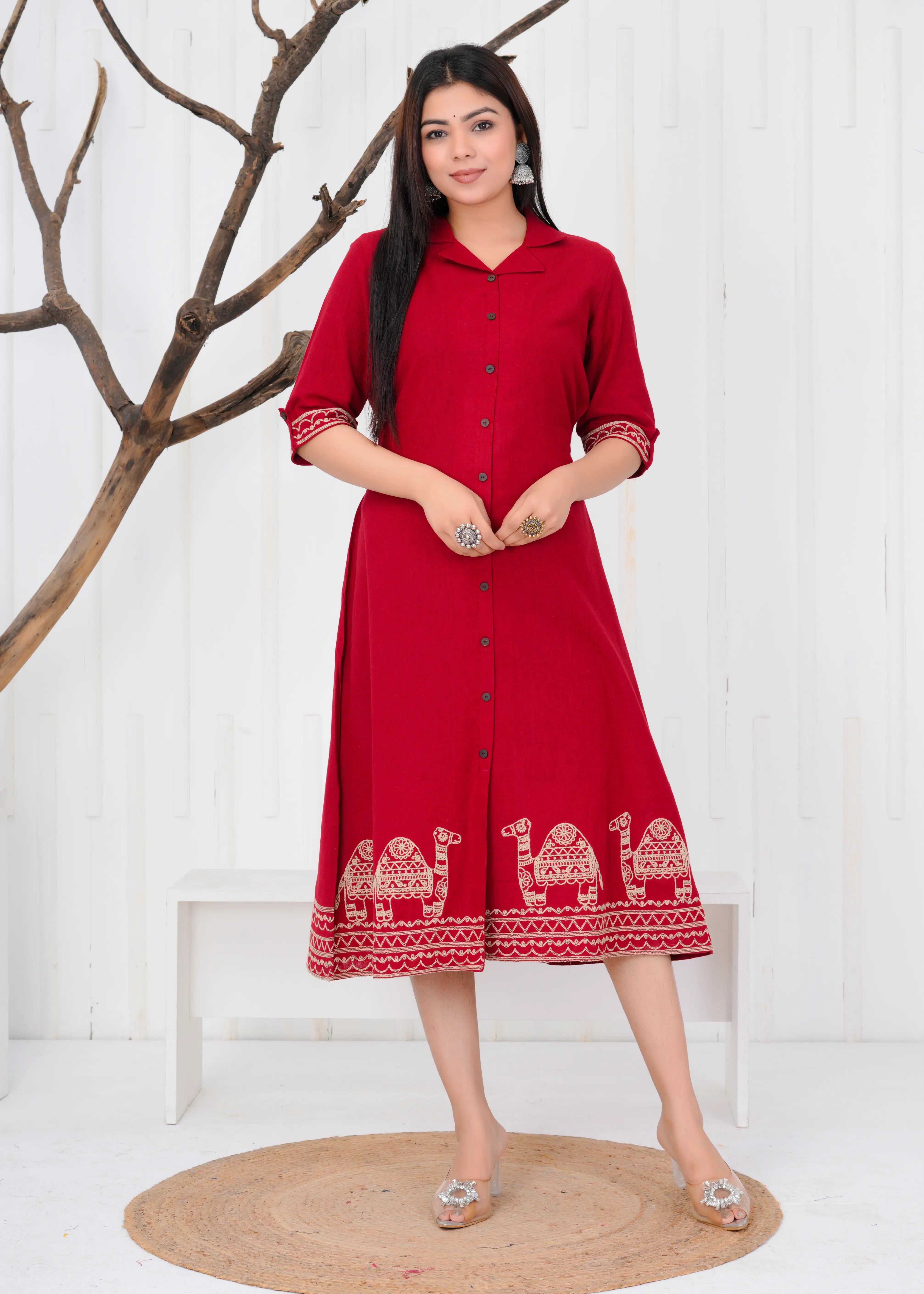Why Is This Red Cotton Dress for Women with Camel Border Print Perfect for Everyday Wear?