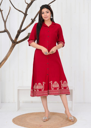 Why Is This Red Cotton Dress for Women with Camel Border Print Perfect for Everyday Wear?