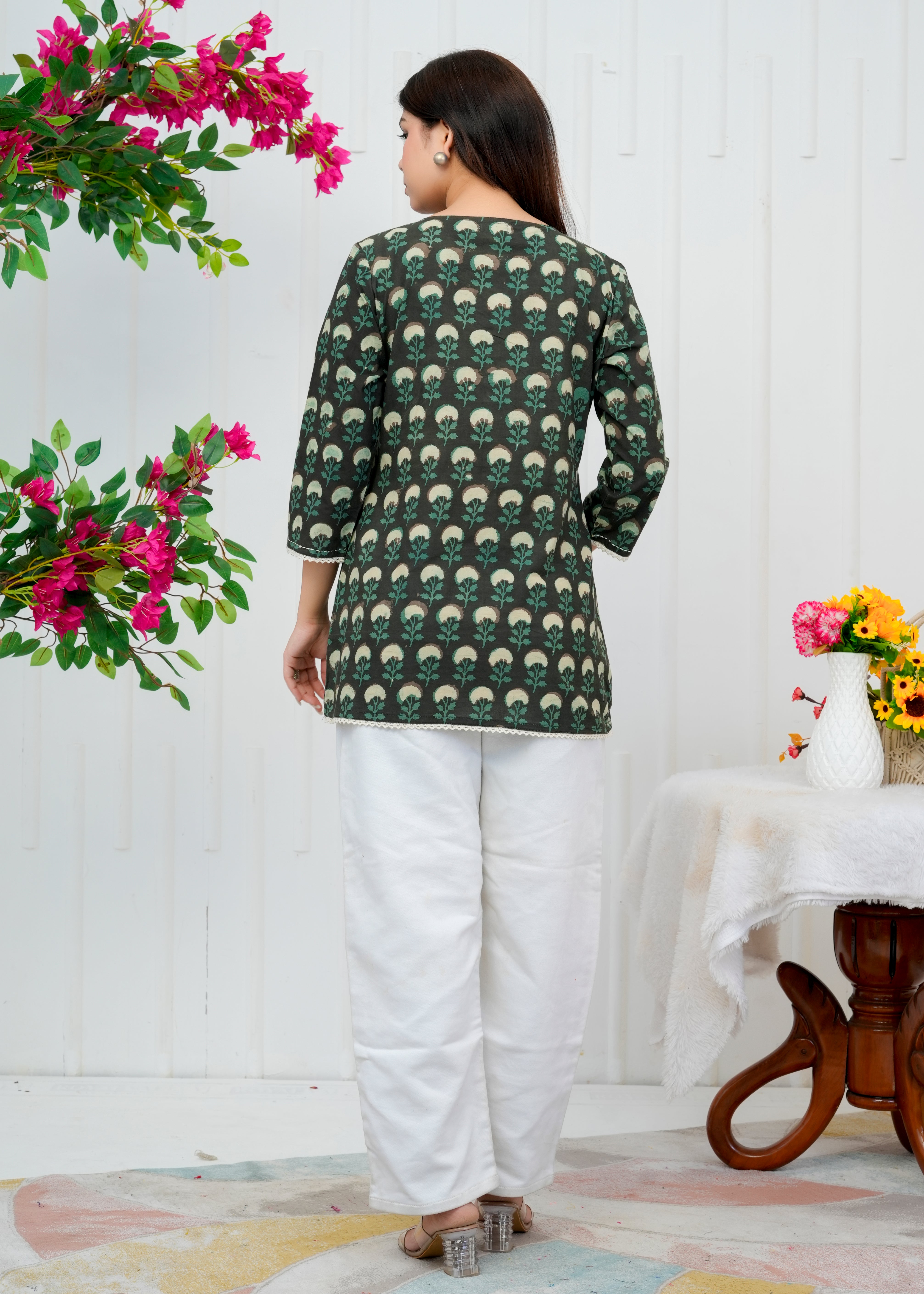 Olive-Green Dabu Print Top