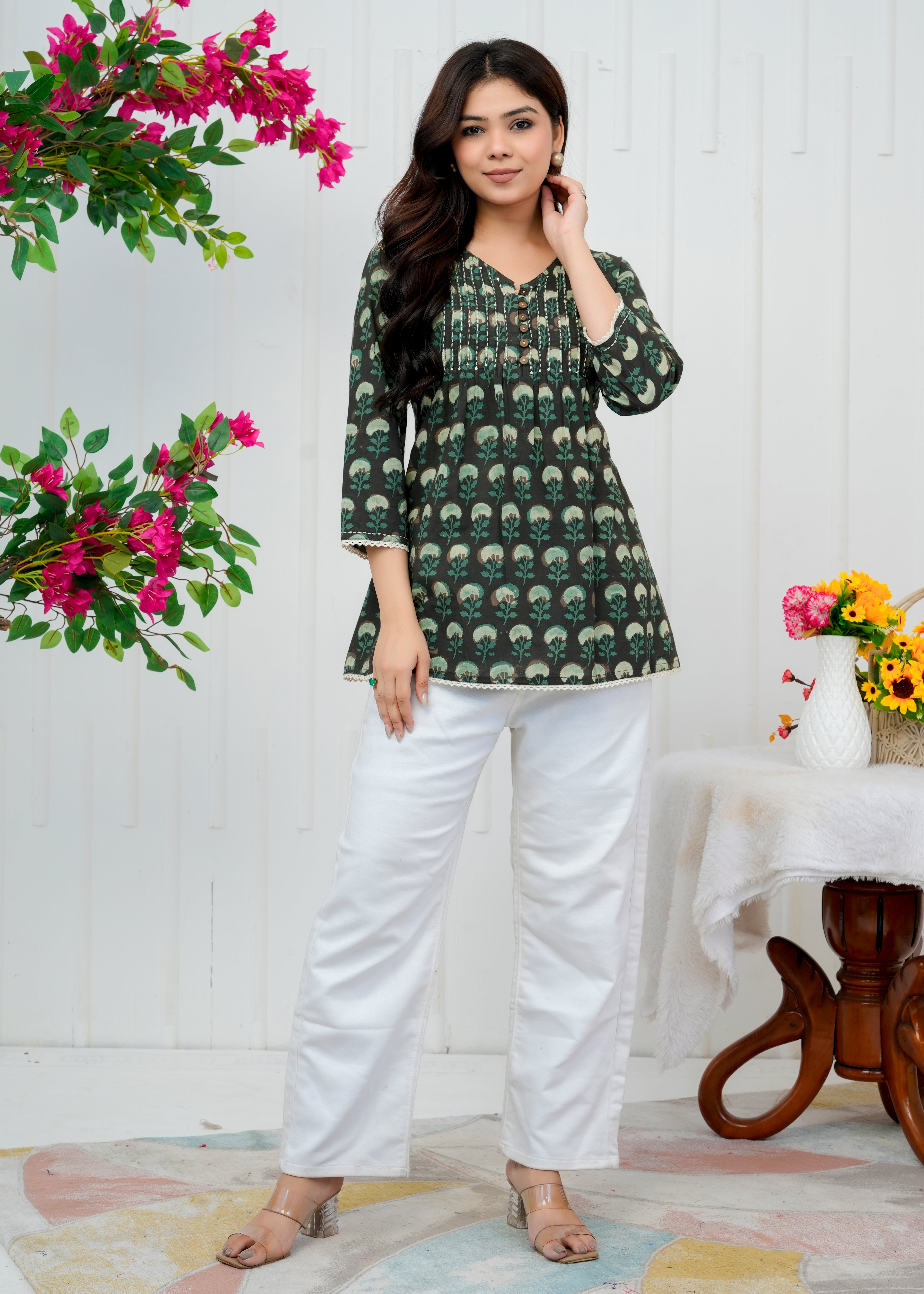 Olive-Green Dabu Print Top