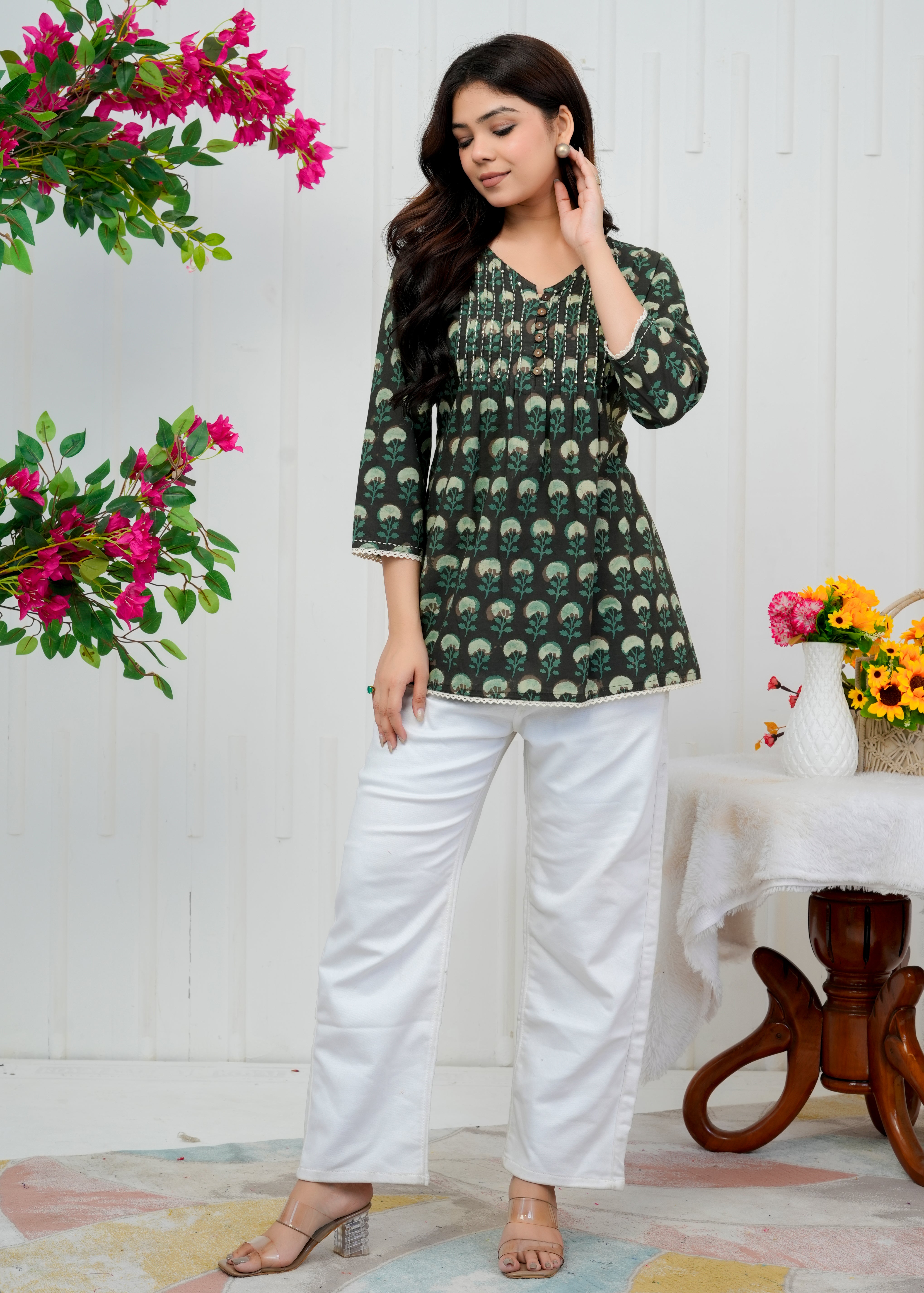 Olive-Green Dabu Print Top