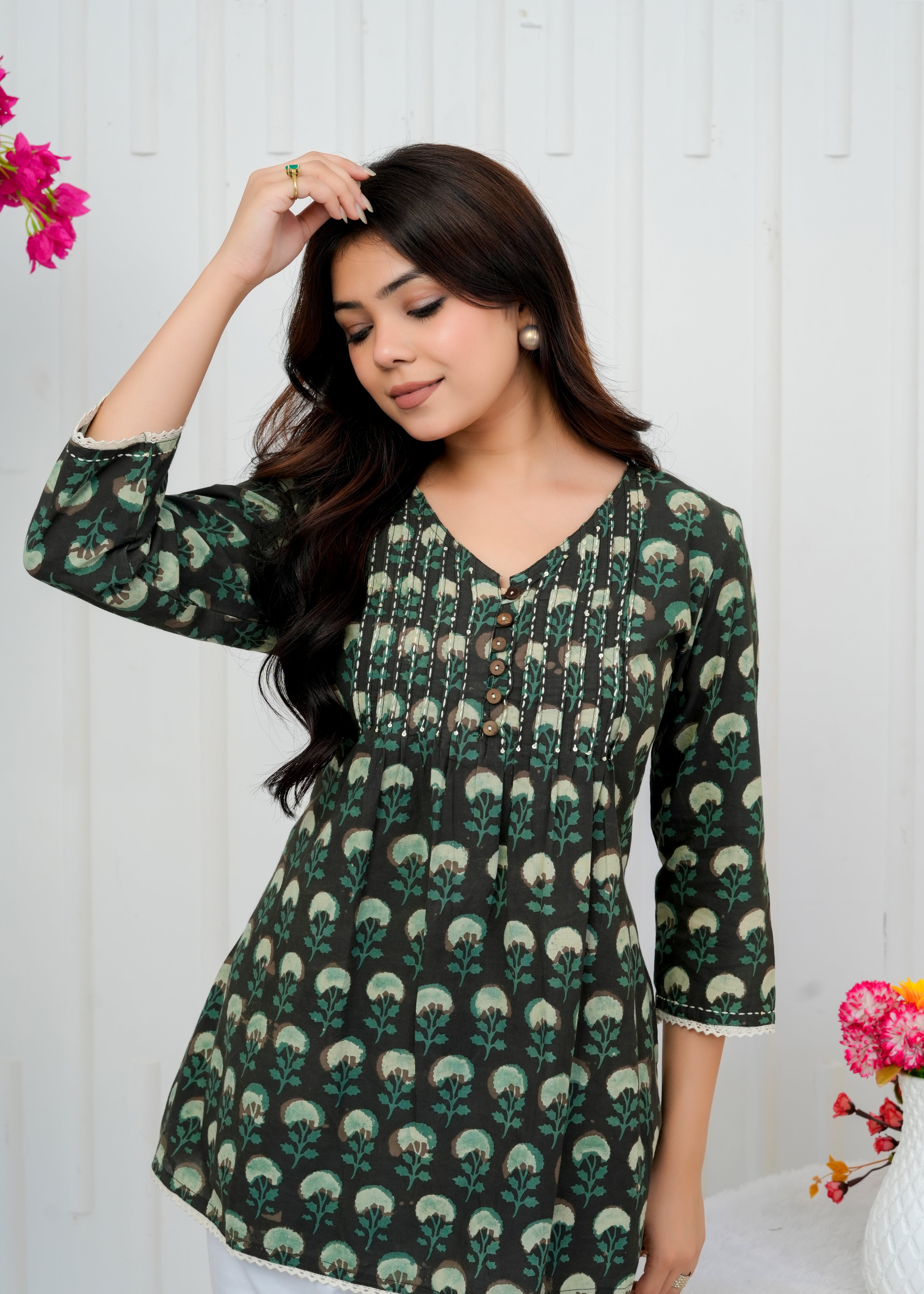 Olive-Green Dabu Print Top