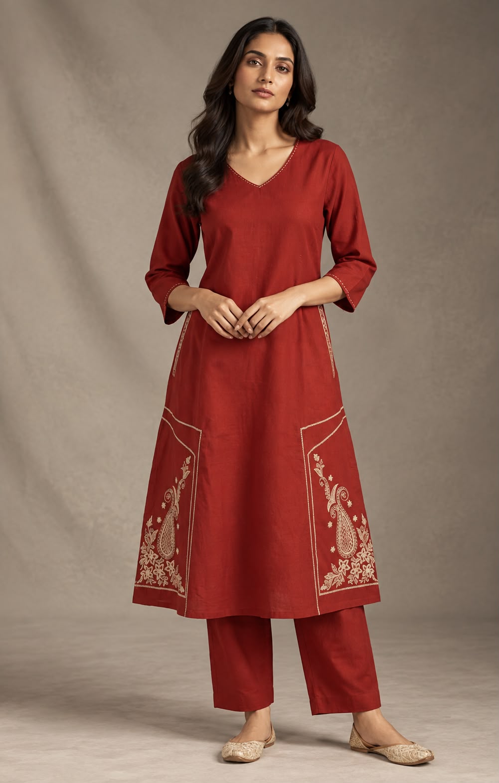 Flex Cotton Embroidered A-Line Kurti Pant Coord Set