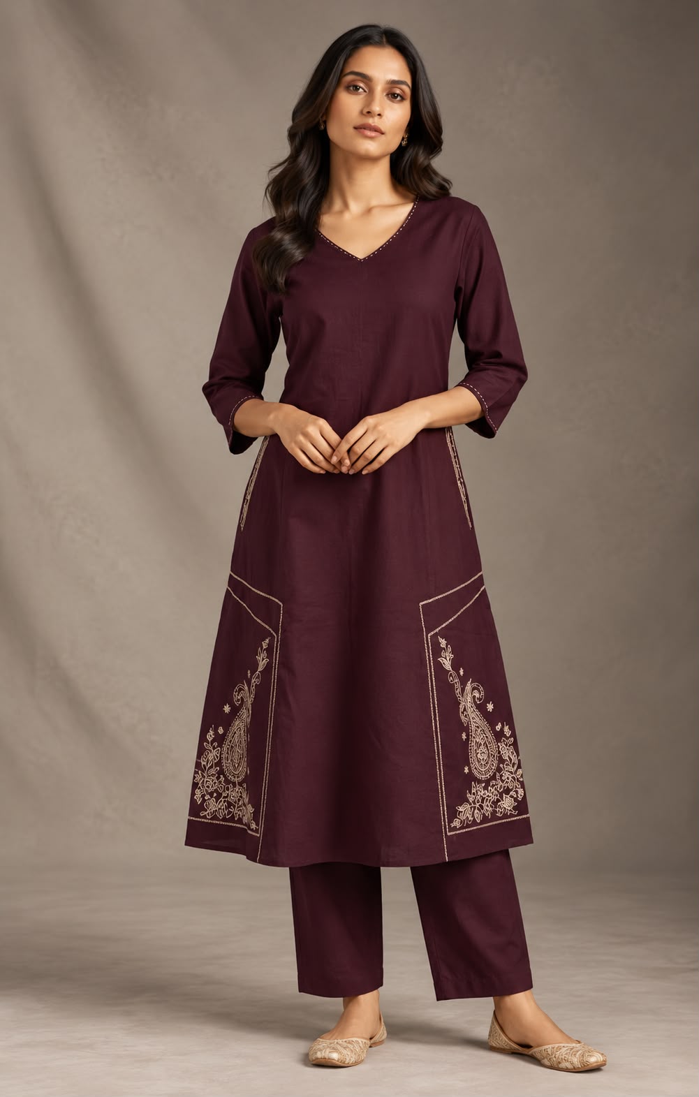 Flex Cotton Embroidered A-Line Kurti Pant Coord Set