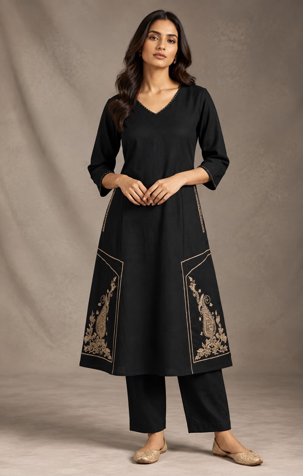 Flex Cotton Embroidered A-Line Kurti Pant Coord Set