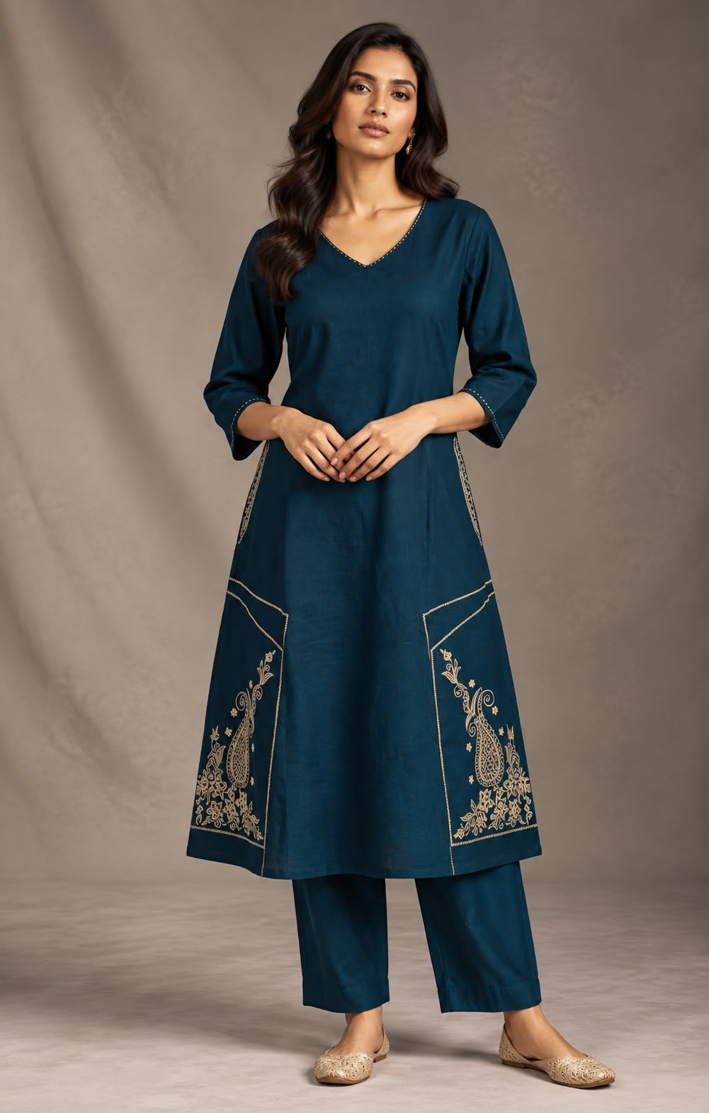 Flex Cotton Embroidered A-Line Kurti Pant Coord Set