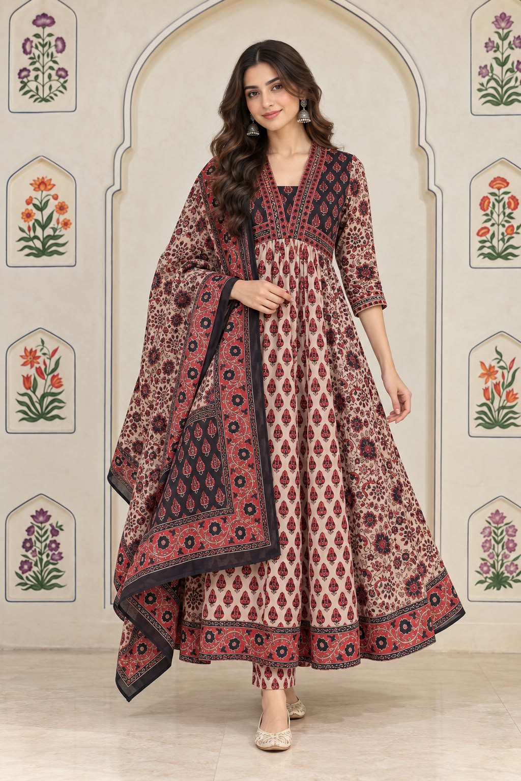 Beige & Maroon Floral Print Cotton Anarkali Suit Set