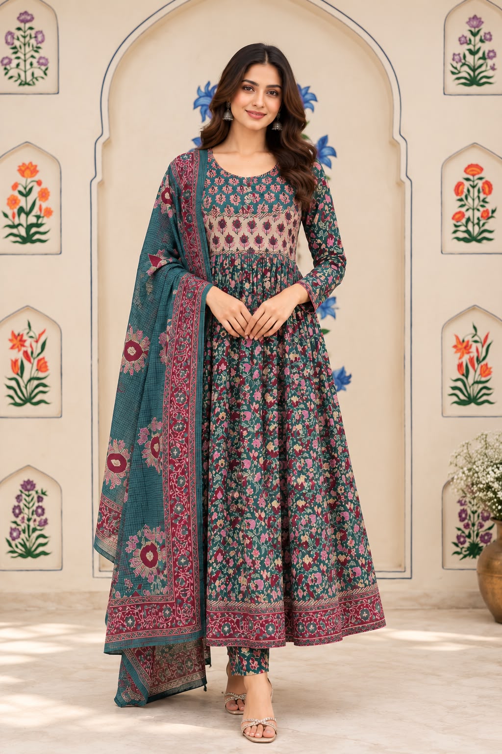 Teal Green Floral Print Cotton Anarkali Suit Set