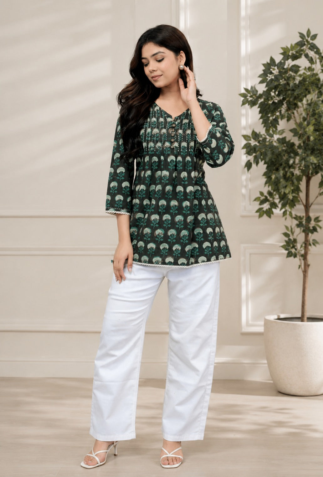 Olive-Green Dabu Print Top