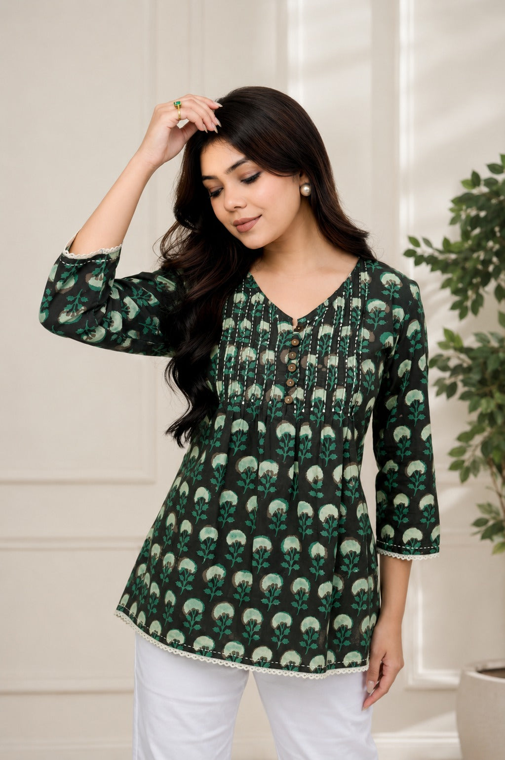 Olive-Green Dabu Print Top