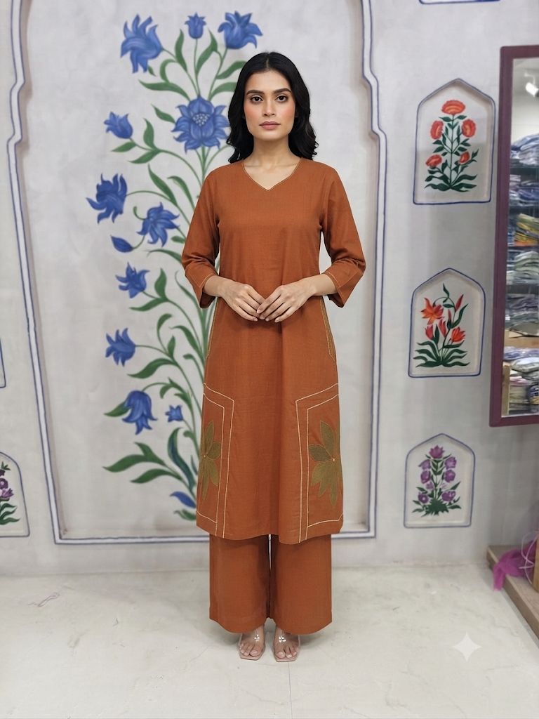 Flex Cotton A-Line Coord Set with Katha & Thread Embroidery