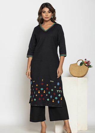 Black Threadwork Canvas Kurti