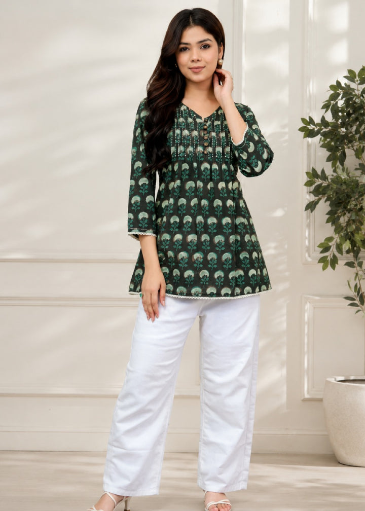 Olive-Green Dabu Print Top