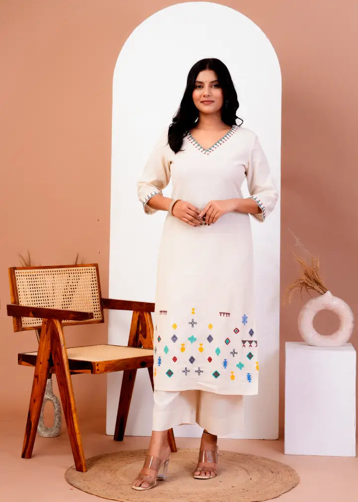 White Threadwok Canvas Kurti
