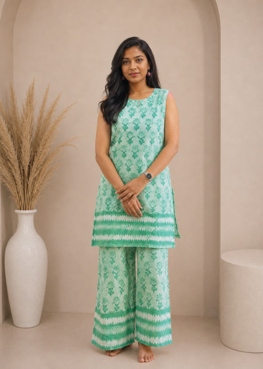 Handblock Sifli Sleeveles Co‐ord Set