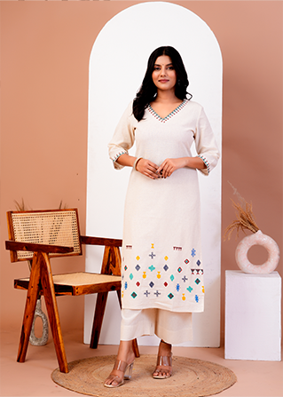 White Threadwok Canvas Kurti
